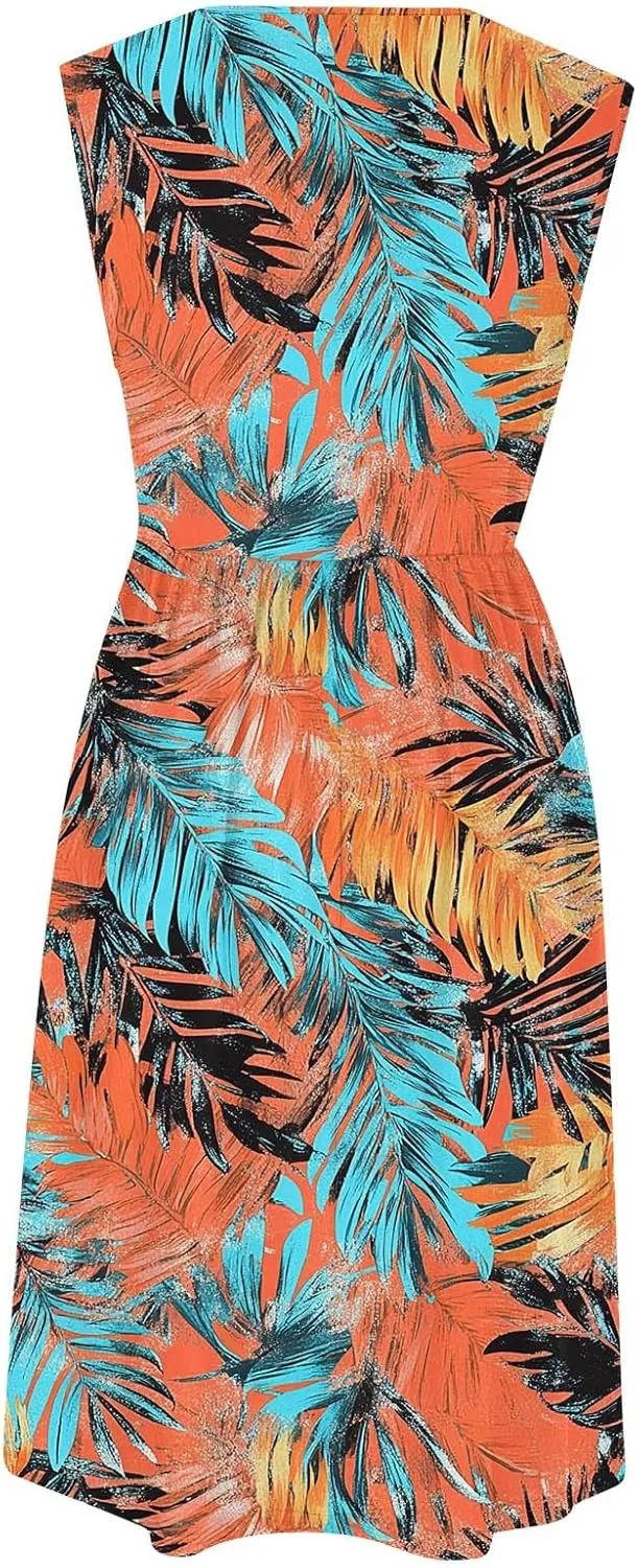 Vintage Floral Tank A-Line Dress Women Summer Sleeveless High Waist Midi Dresses Casual Flowy Sundress with Pockets