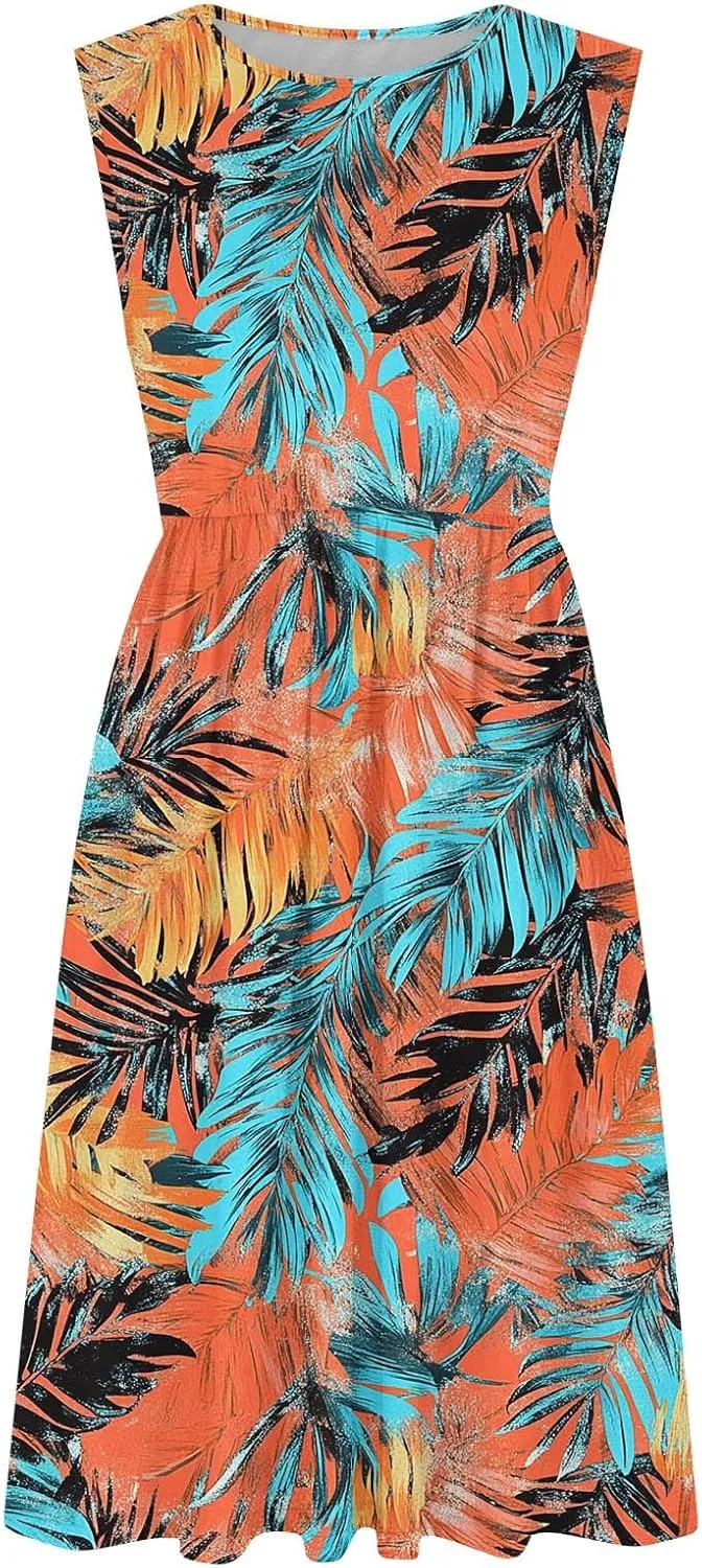 Vintage Floral Tank A-Line Dress Women Summer Sleeveless High Waist Midi Dresses Casual Flowy Sundress with Pockets