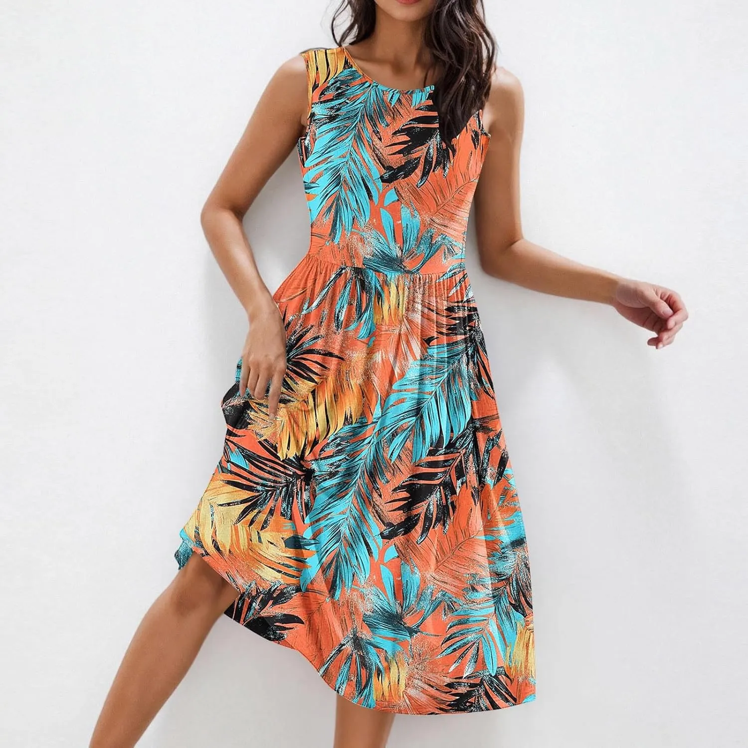 Vintage Floral Tank A-Line Dress Women Summer Sleeveless High Waist Midi Dresses Casual Flowy Sundress with Pockets