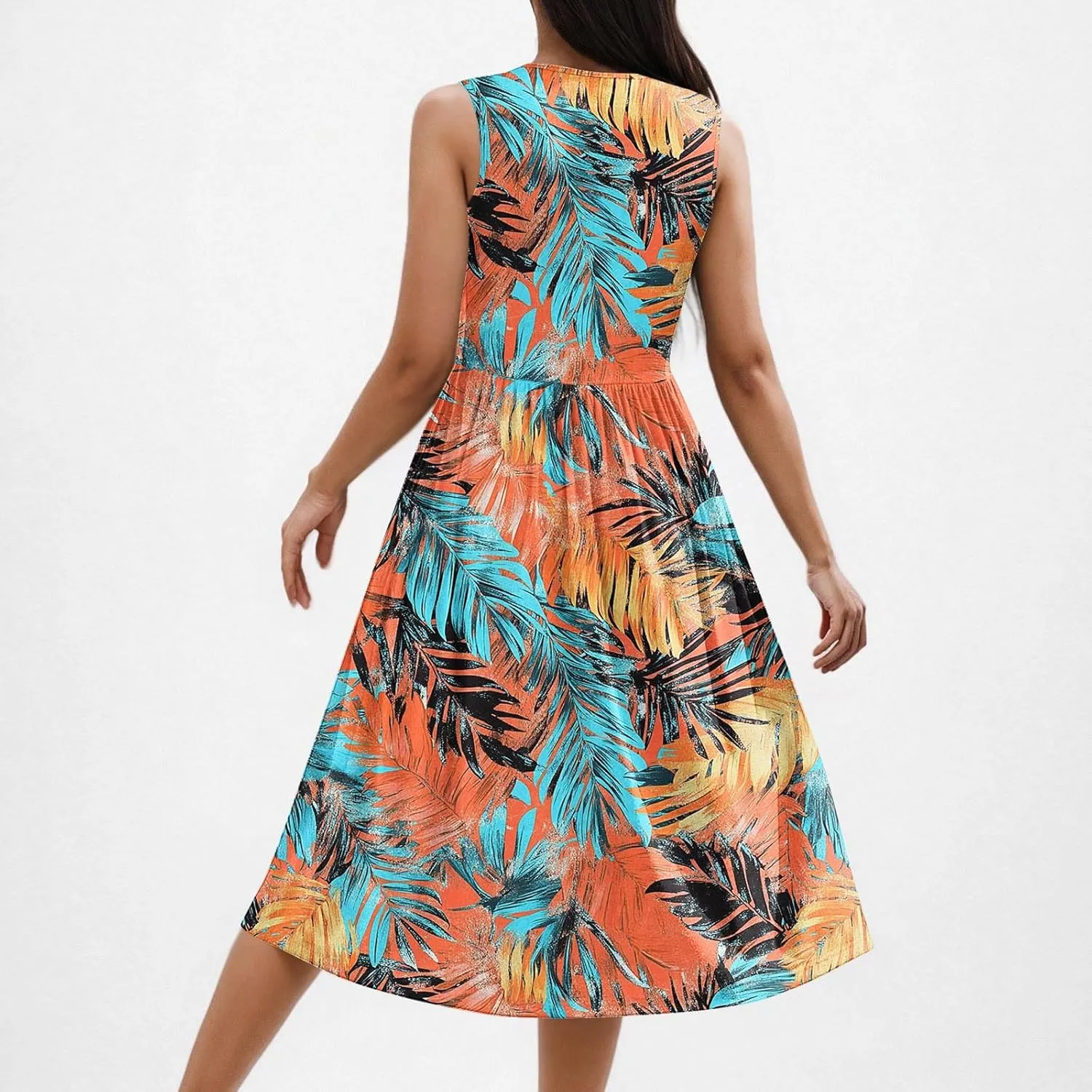 Vintage Floral Tank A-Line Dress Women Summer Sleeveless High Waist Midi Dresses Casual Flowy Sundress with Pockets