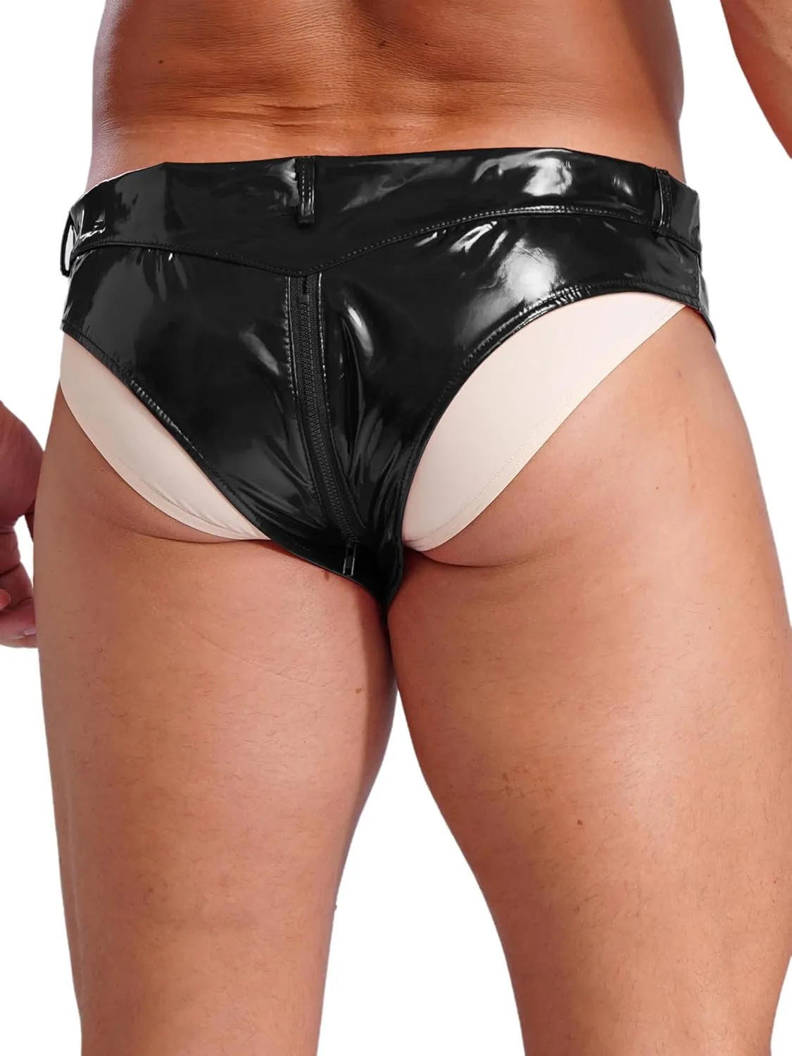Vxuxlje Men's Sexy Patent Leather Low Rise Briefs Wet Look Zipper Crotch High Cut Underwear