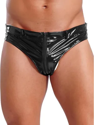 Vxuxlje Men's Sexy Patent Leather Low Rise Briefs Wet Look Zipper Crotch High Cut Underwear