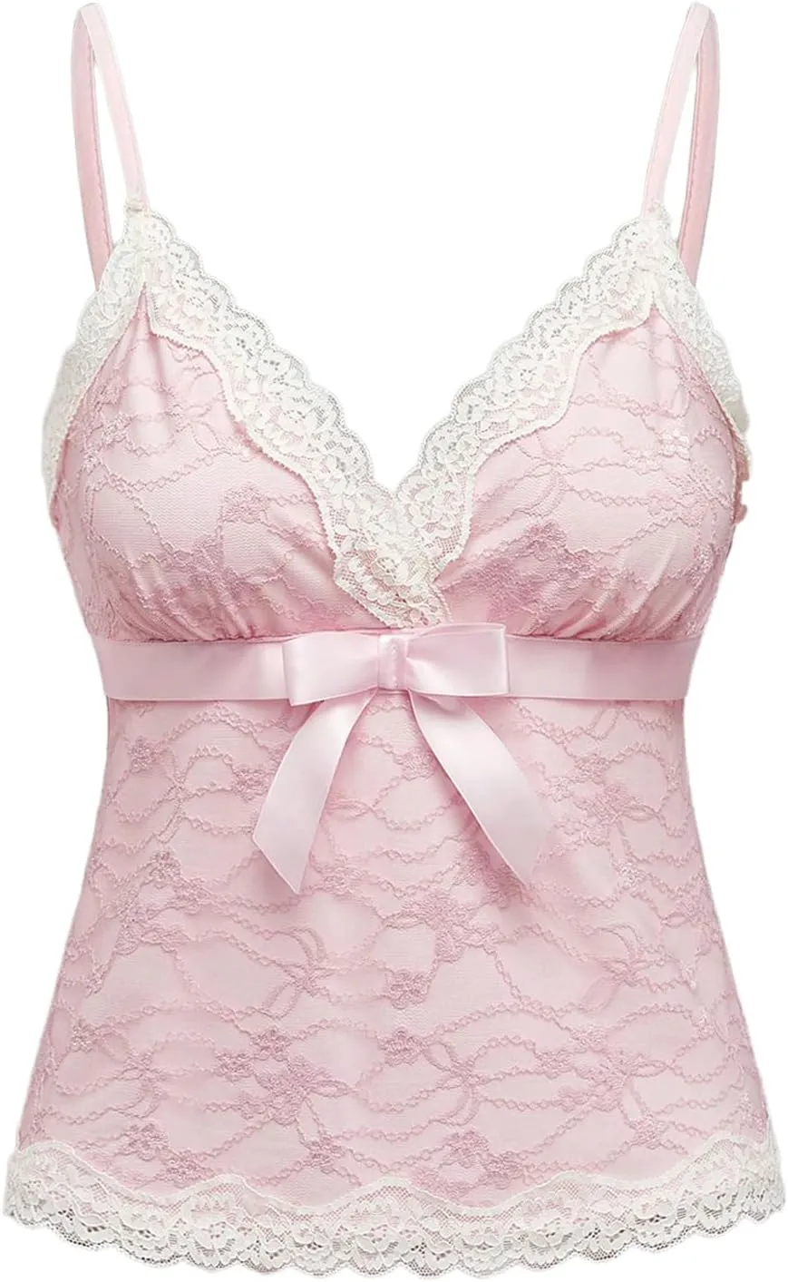 WDIRARA Women's Lace V Neck Cami Top Spaghetti Strap Bow Going Out Camisole