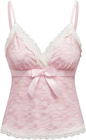 WDIRARA Women's Lace V Neck Cami Top Spaghetti Strap Bow Going Out Camisole