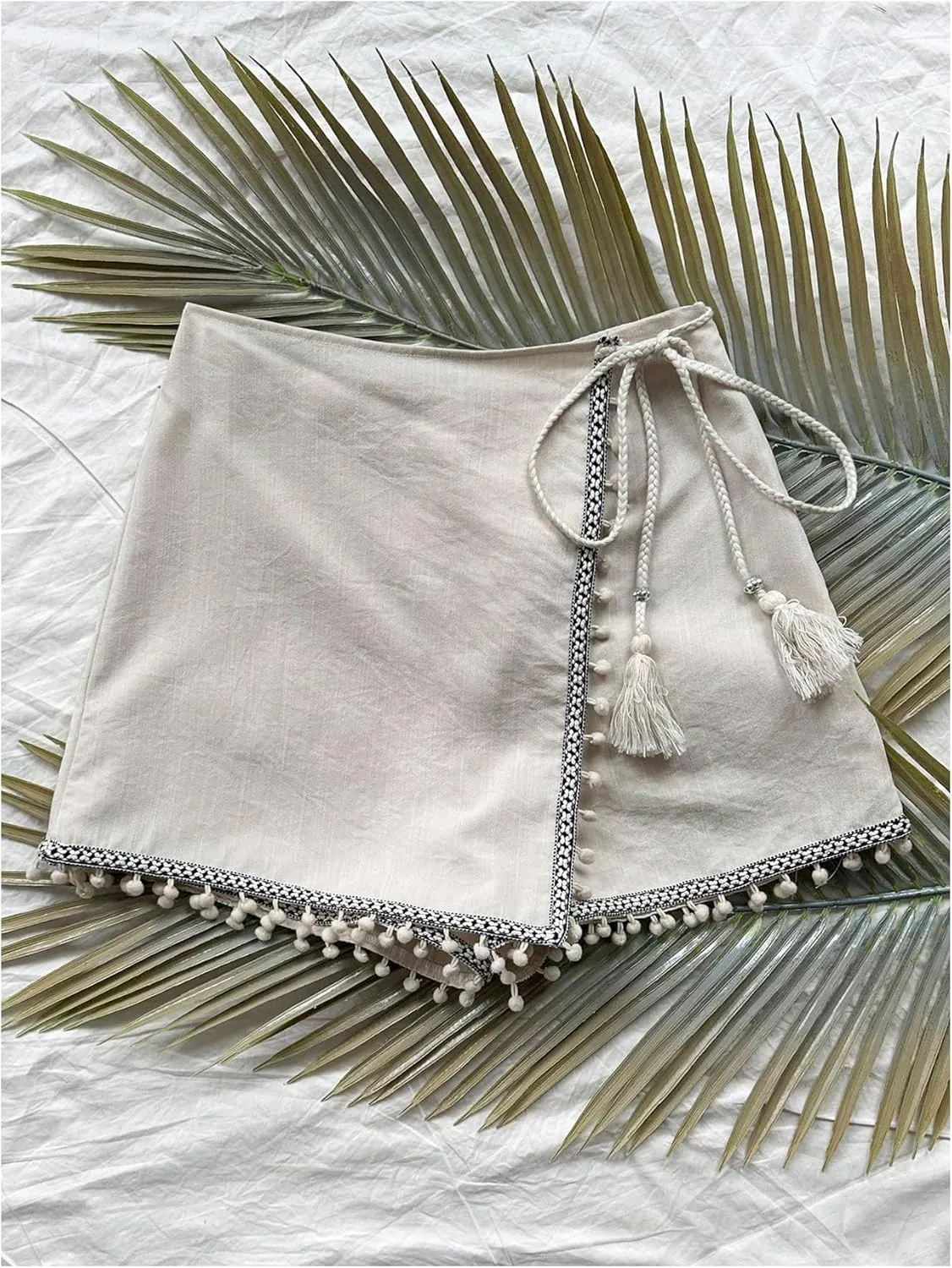 WDIRARA Women's Wrap Tie Side Skorts Fringe Trim Asymmetrical Hem Skirt Shorts