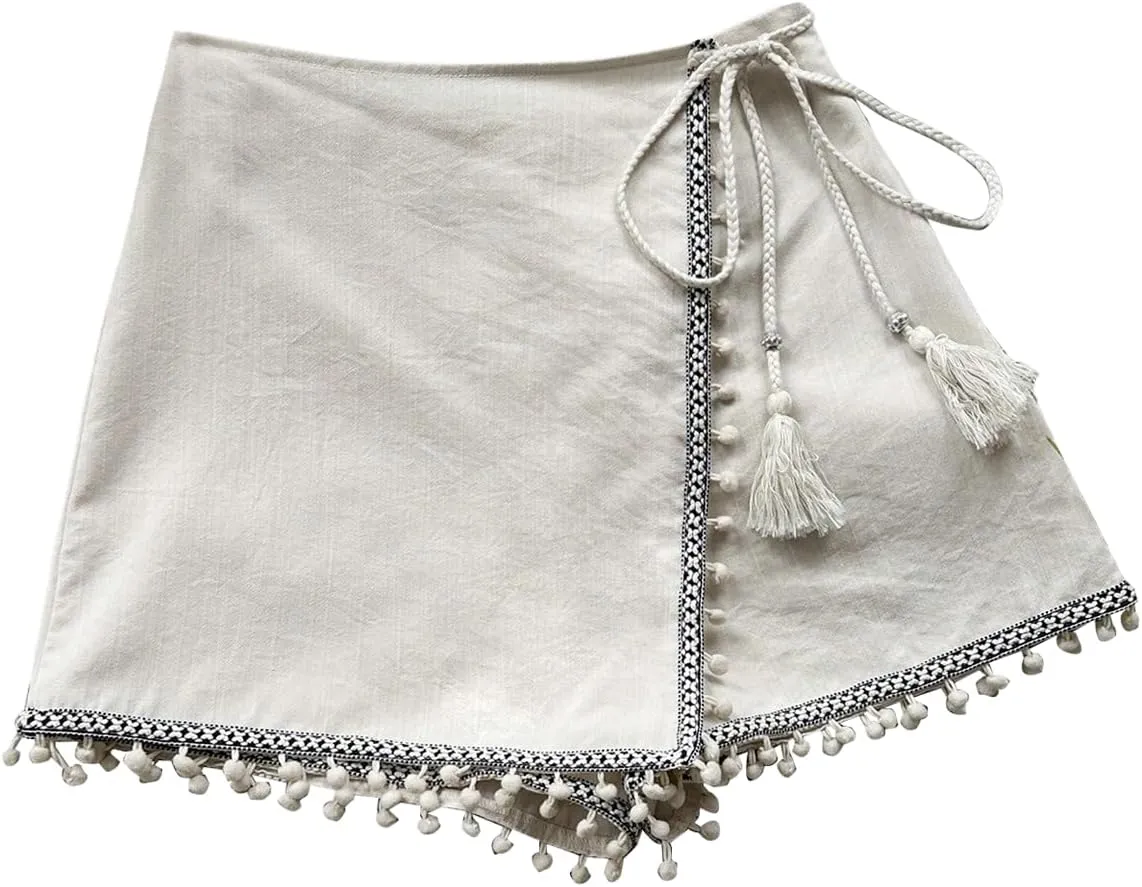 WDIRARA Women's Wrap Tie Side Skorts Fringe Trim Asymmetrical Hem Skirt Shorts