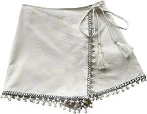 WDIRARA Women's Wrap Tie Side Skorts Fringe Trim Asymmetrical Hem Skirt Shorts