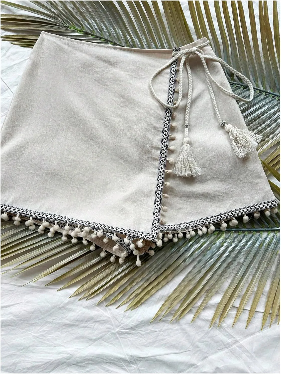 WDIRARA Women's Wrap Tie Side Skorts Fringe Trim Asymmetrical Hem Skirt Shorts