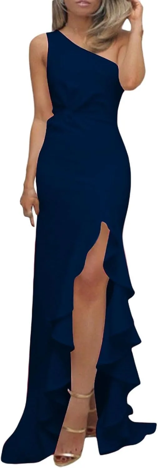 Wedding Guest Dress for Women 2025,Women's Slim One Shoulder Ruched Split Mermaid Dress Evening Cocktail Maxi Dresses