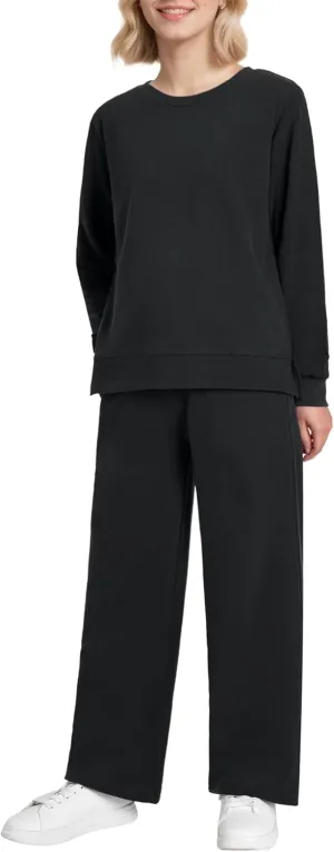 Weintee Women's Petite Sweatsuits Side Slit Sweatshirt and Sweatpants Sets Wide Leg Jogging Suits