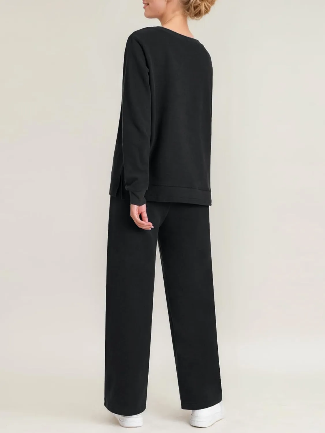 Weintee Women's Petite Sweatsuits Side Slit Sweatshirt and Sweatpants Sets Wide Leg Jogging Suits