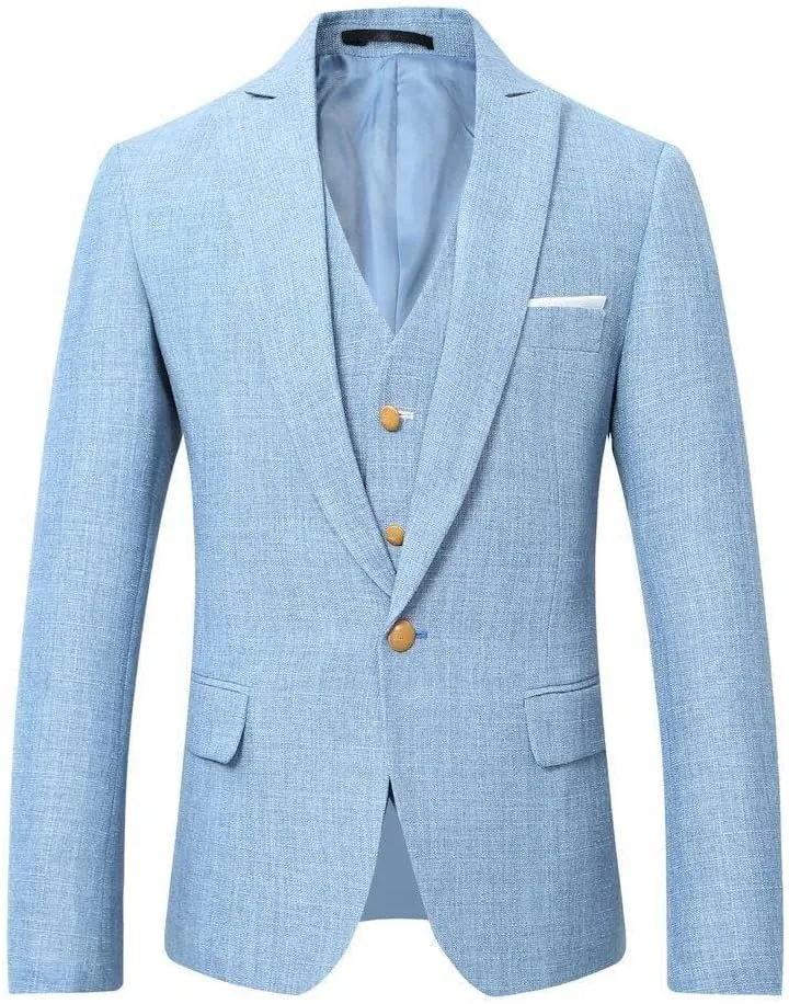Wemaliyzd Men's Linen Suit Summer 3 Piece Wedding Suit Peak Lapel Blazer Vest Pants