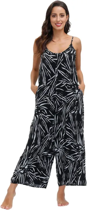 wexcen Jumpsuits for Women Floral Wide Leg Spaghetti Strap Sleeveless Casual Loose Ethnic Long Rompers with Pockets