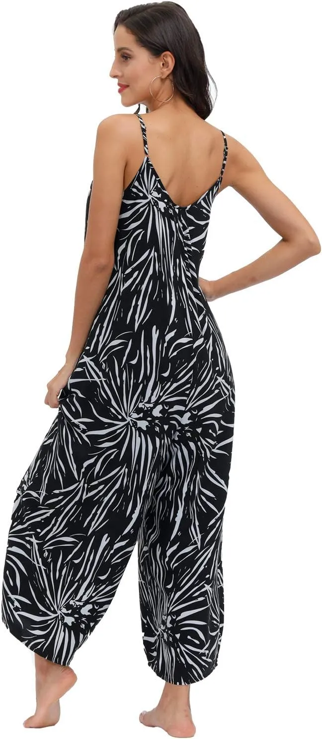 wexcen Jumpsuits for Women Floral Wide Leg Spaghetti Strap Sleeveless Casual Loose Ethnic Long Rompers with Pockets