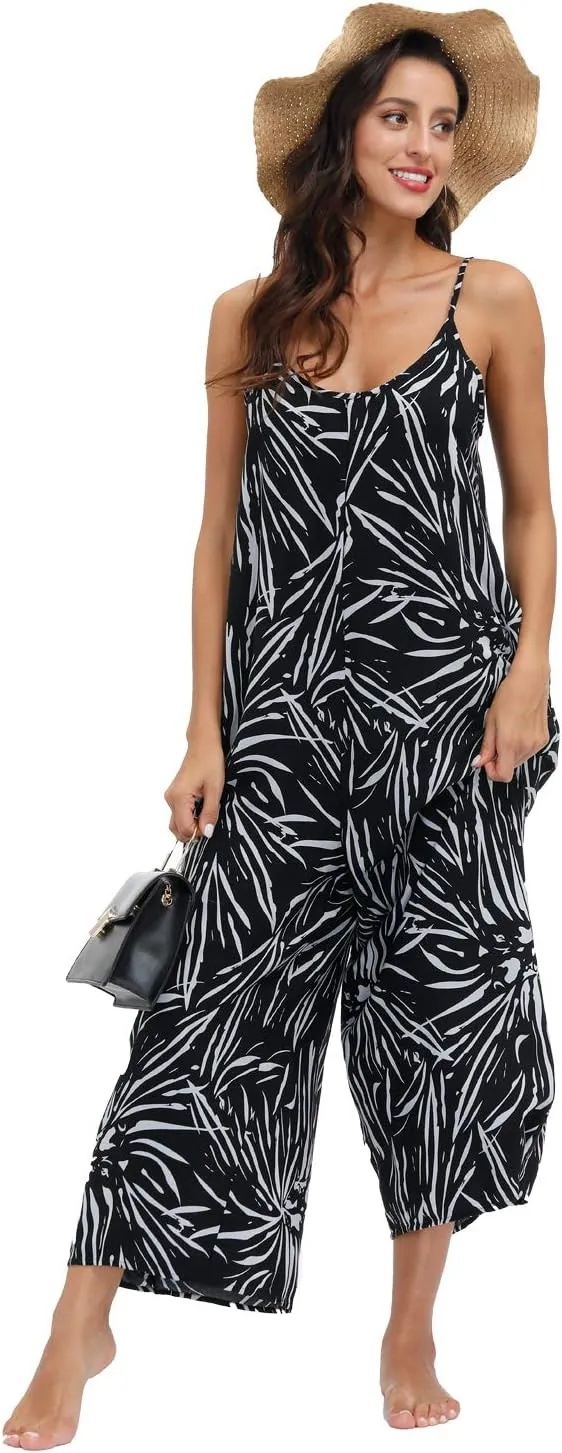 wexcen Jumpsuits for Women Floral Wide Leg Spaghetti Strap Sleeveless Casual Loose Ethnic Long Rompers with Pockets