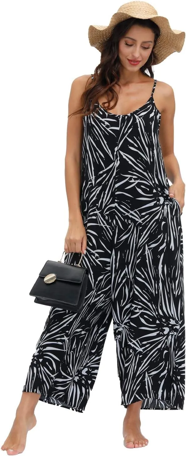 wexcen Jumpsuits for Women Floral Wide Leg Spaghetti Strap Sleeveless Casual Loose Ethnic Long Rompers with Pockets