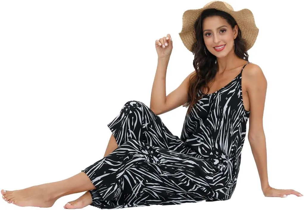 wexcen Jumpsuits for Women Floral Wide Leg Spaghetti Strap Sleeveless Casual Loose Ethnic Long Rompers with Pockets