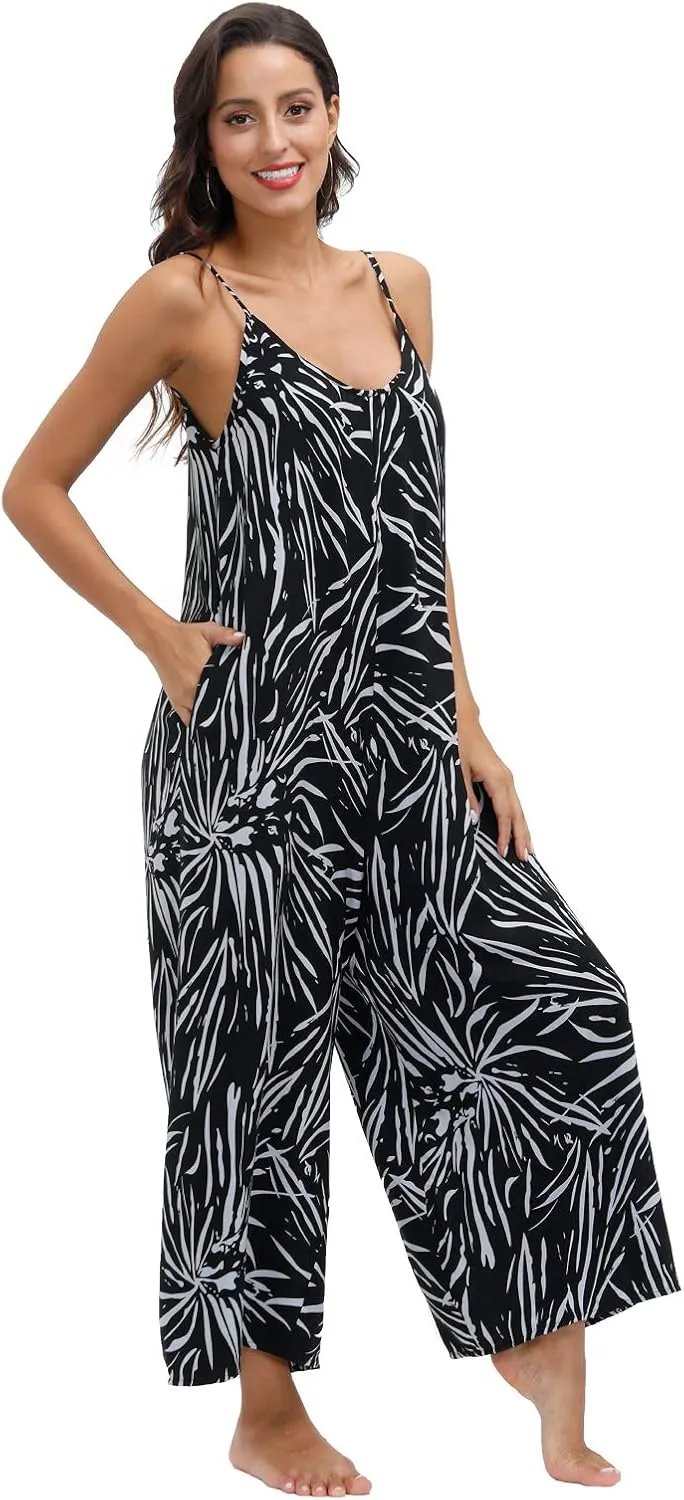 wexcen Jumpsuits for Women Floral Wide Leg Spaghetti Strap Sleeveless Casual Loose Ethnic Long Rompers with Pockets