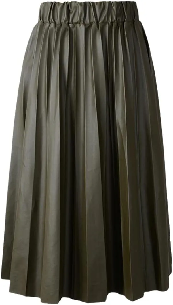 Winter Women Black PU Faux Leather Midi Pleated High Waist Vintage Skirt