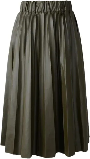 Winter Women Black PU Faux Leather Midi Pleated High Waist Vintage Skirt