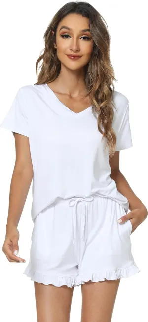 WiWi Womens Pajamas Set Viscose from Bamboo Soft Short Sleeve Top with Ruffle Shorts Sleepwear Ladies Pjs Sets S-XXL