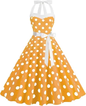 Women 1950s Retro Audrey Hepburn Dress Self Tie Backless Polka Dot 50s 60s Vintage Swing Cocktail Tea Party Dresses