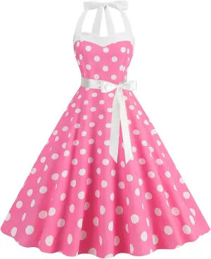 Women 1950s Retro Audrey Hepburn Dress Self Tie Backless Polka Dot 50s 60s Vintage Swing Cocktail Tea Party Dresses