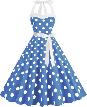 Women 1950s Retro Audrey Hepburn Dress Self Tie Backless Polka Dot 50s 60s Vintage Swing Cocktail Tea Party Dresses