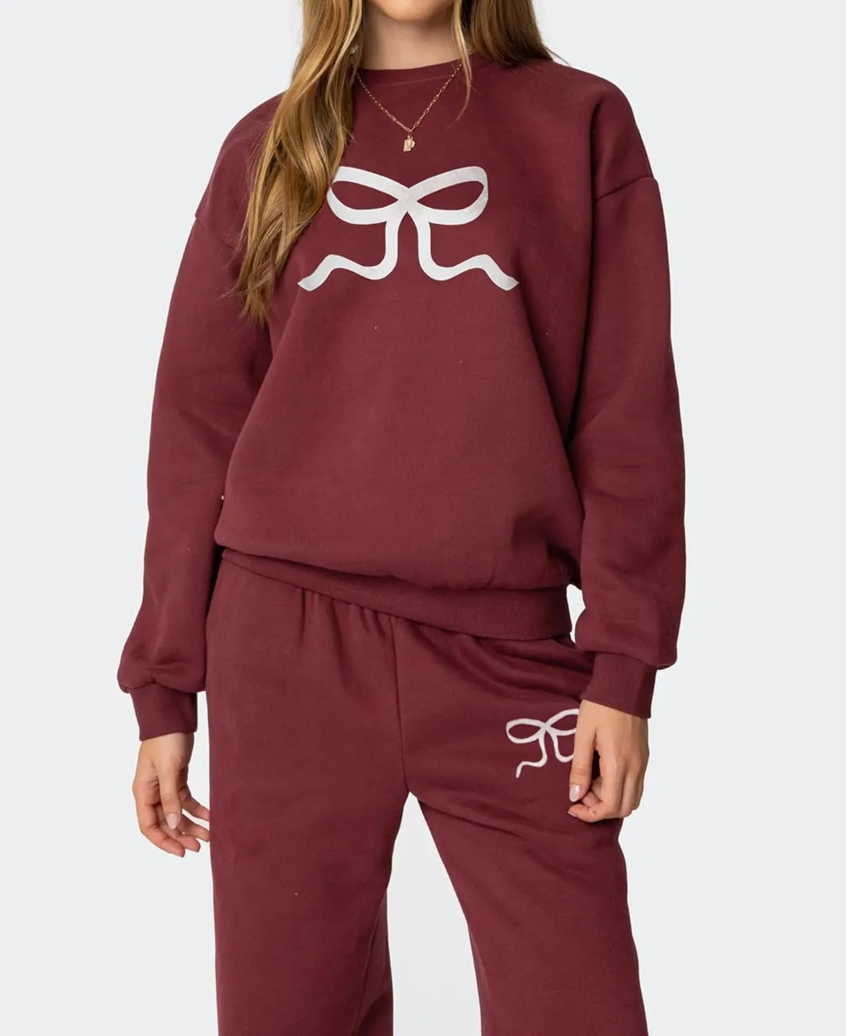 Women 2 Piece Outfits Bow Print Long Sleeve Oversized Sweatshirt Hoodies Baggy Wide Leg Sweatpants Fall Sweatsuits