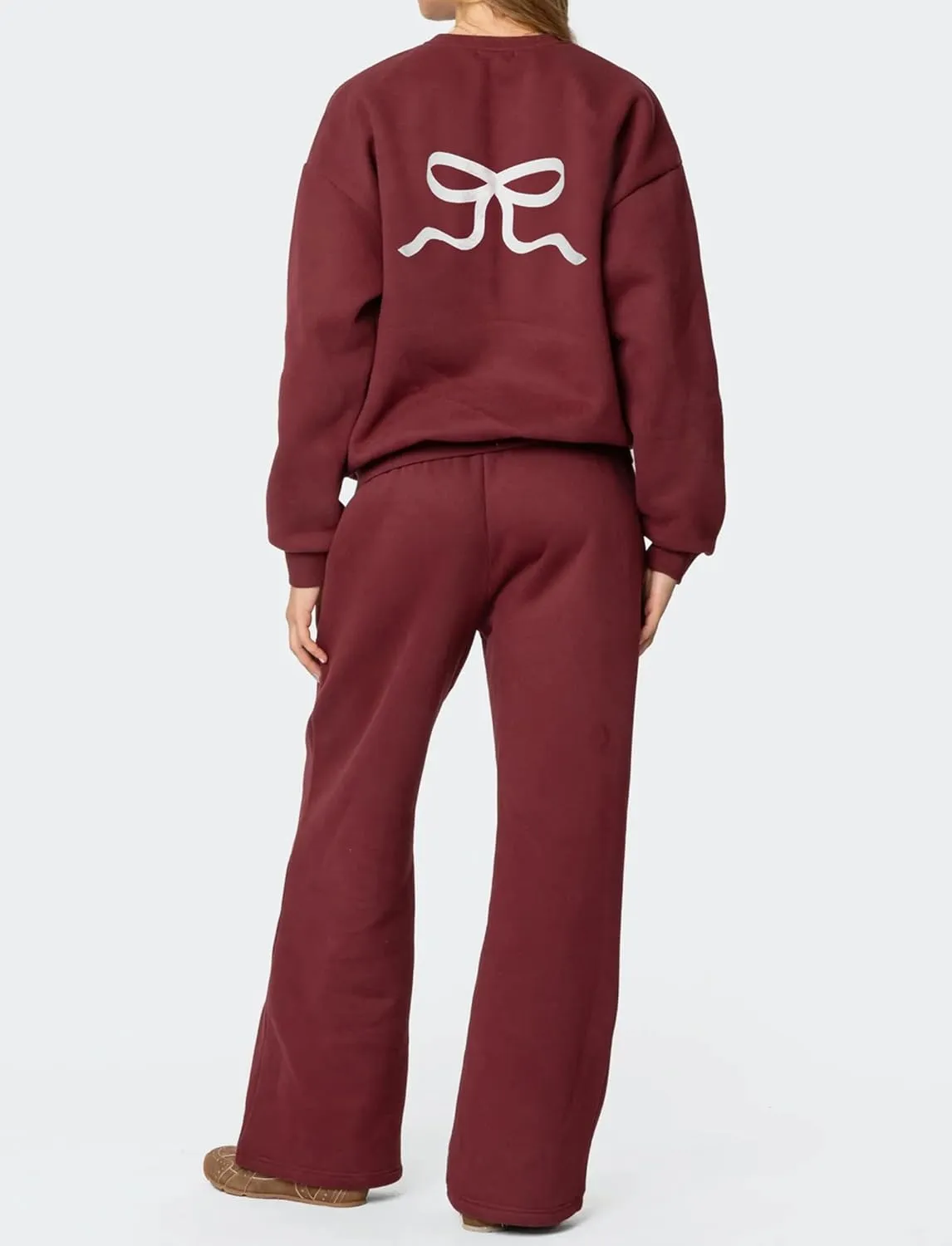 Women 2 Piece Outfits Bow Print Long Sleeve Oversized Sweatshirt Hoodies Baggy Wide Leg Sweatpants Fall Sweatsuits