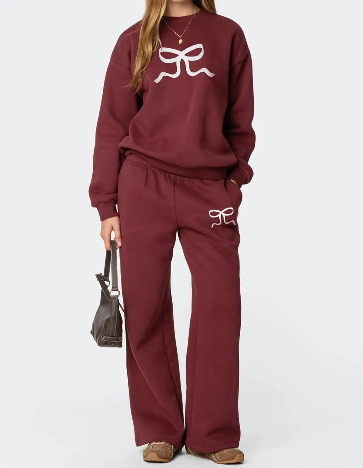 Women 2 Piece Outfits Bow Print Long Sleeve Oversized Sweatshirt Hoodies Baggy Wide Leg Sweatpants Fall Sweatsuits