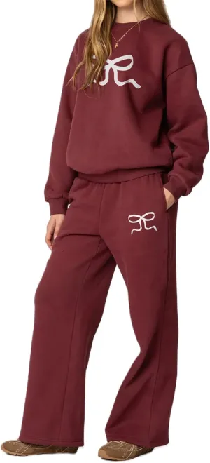 Women 2 Piece Outfits Bow Print Long Sleeve Oversized Sweatshirt Hoodies Baggy Wide Leg Sweatpants Fall Sweatsuits