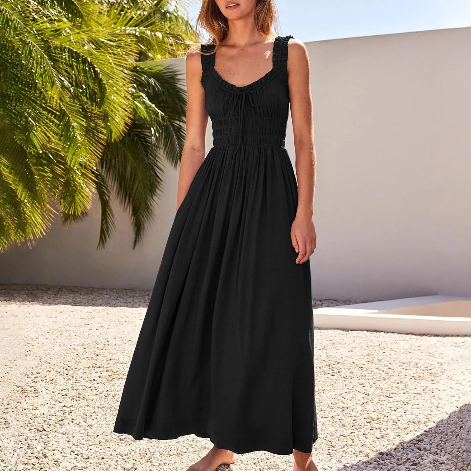 Women 2025 Summer Sleeveless Smocked Empire Waist Tank Dress Summer Beach Tiered Long Dresses French Milkmaid Sundress