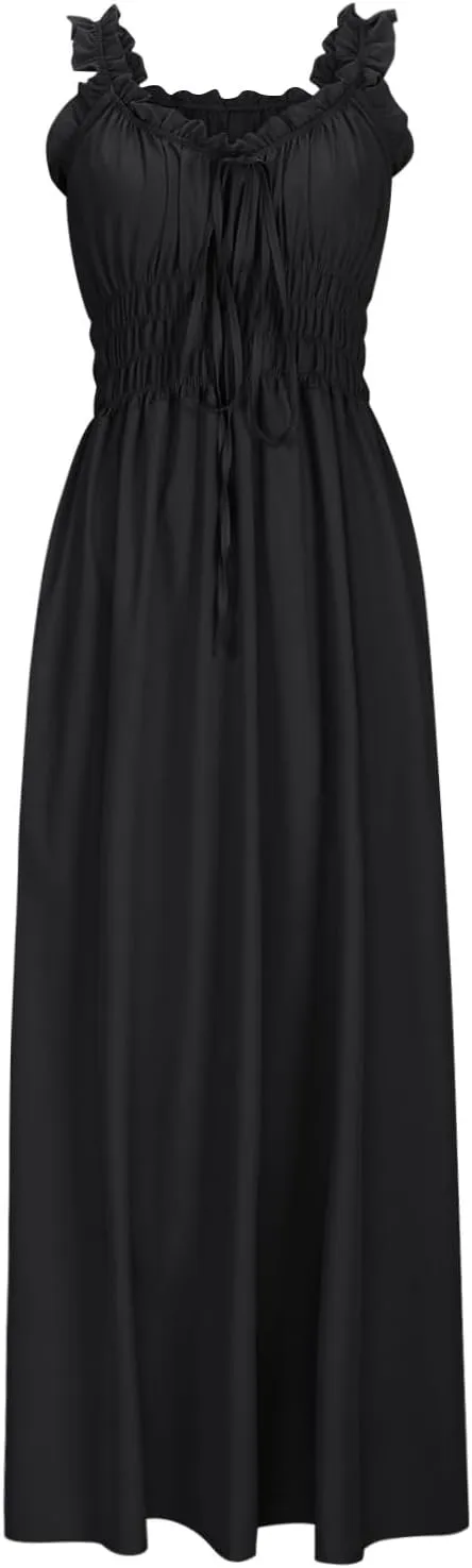 Women 2025 Summer Sleeveless Smocked Empire Waist Tank Dress Summer Beach Tiered Long Dresses French Milkmaid Sundress
