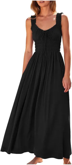 Women 2025 Summer Sleeveless Smocked Empire Waist Tank Dress Summer Beach Tiered Long Dresses French Milkmaid Sundress