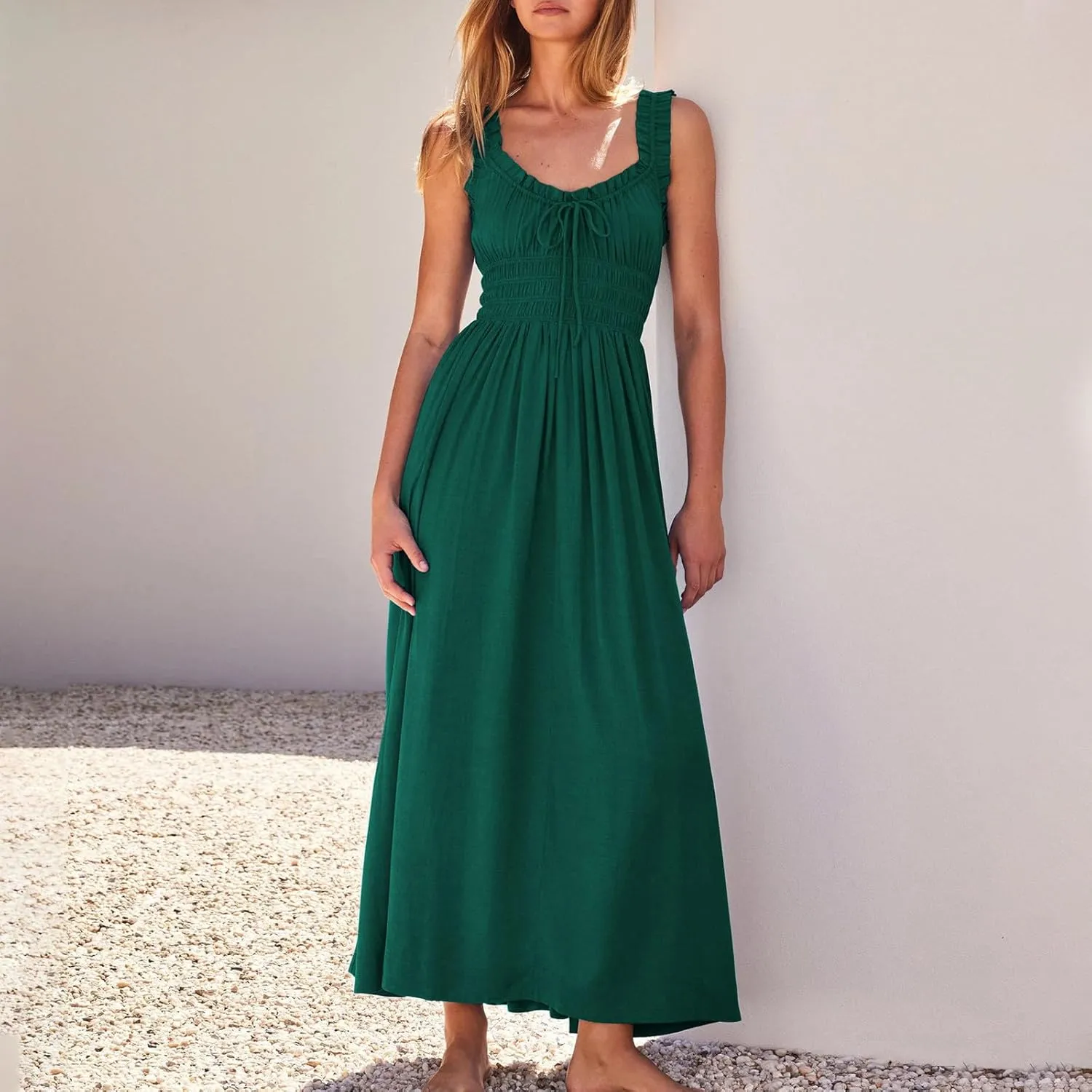 Women 2025 Summer Sleeveless Smocked Empire Waist Tank Dress Summer Beach Tiered Long Dresses French Milkmaid Sundress