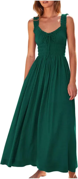 Women 2025 Summer Sleeveless Smocked Empire Waist Tank Dress Summer Beach Tiered Long Dresses French Milkmaid Sundress