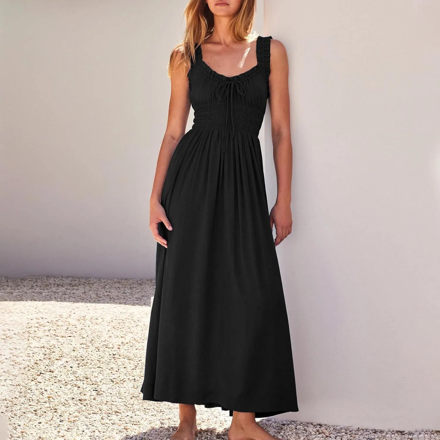 Women 2025 Summer Sleeveless Smocked Empire Waist Tank Dress Summer Beach Tiered Long Dresses French Milkmaid Sundress