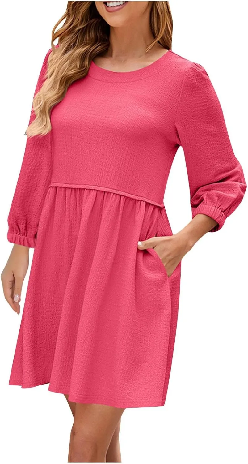 Women Dresses Spring Fall Tunic Dress V Neck Ruffle Long Sleeve High Waist A-Line Tiered Swing Mini Babydoll Dresses