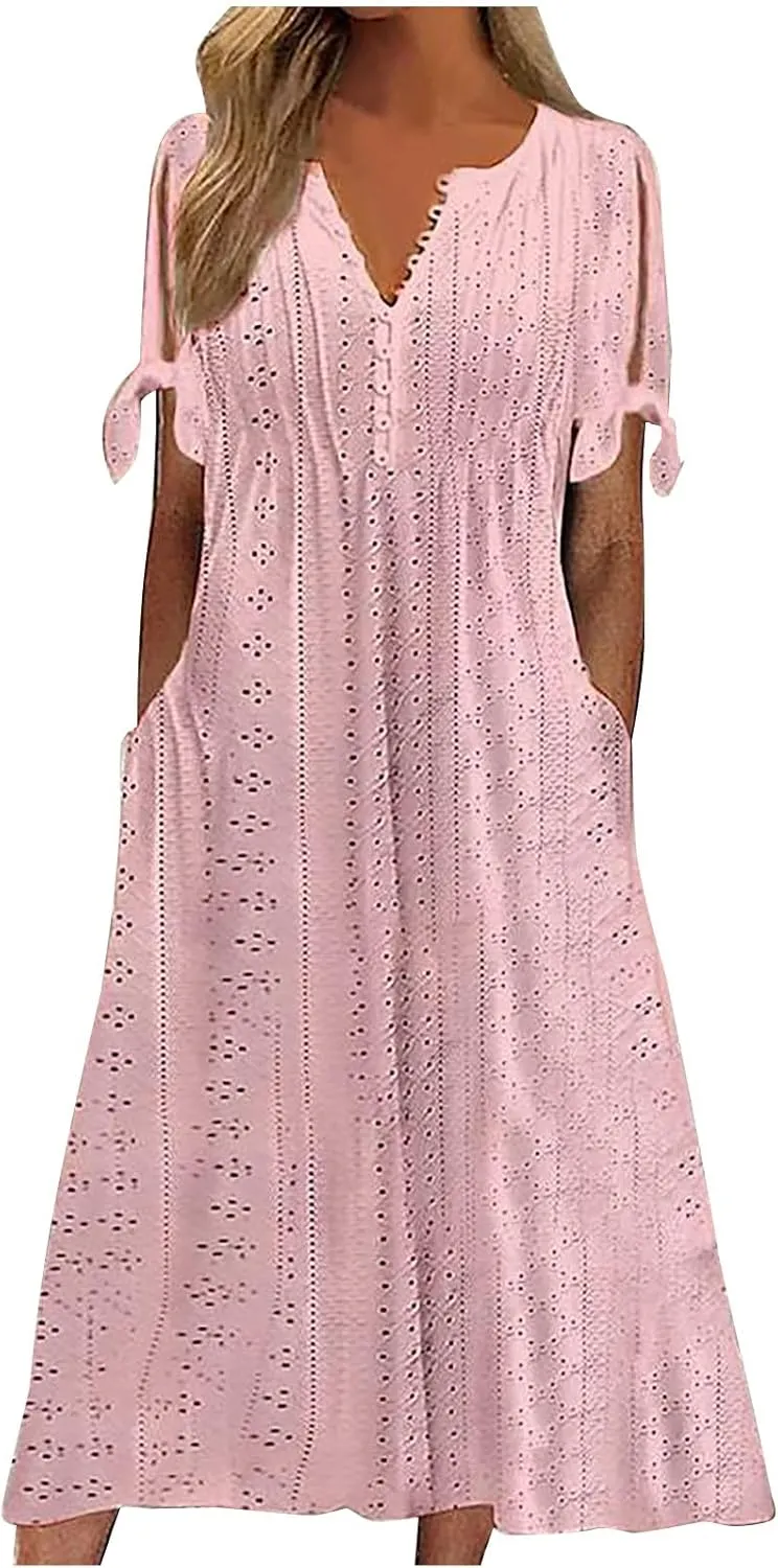 Women Hollow Eyelet Beach Dress Summer Tie Knot Short Sleeve Midi A-Line Dresses Casual Button V Neck T Shirt Dress