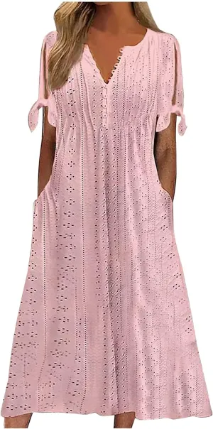 Women Hollow Eyelet Beach Dress Summer Tie Knot Short Sleeve Midi A-Line Dresses Casual Button V Neck T Shirt Dress