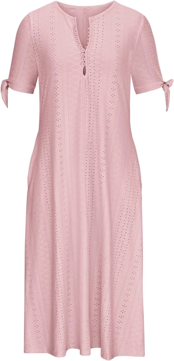 Women Hollow Eyelet Beach Dress Summer Tie Knot Short Sleeve Midi A-Line Dresses Casual Button V Neck T Shirt Dress