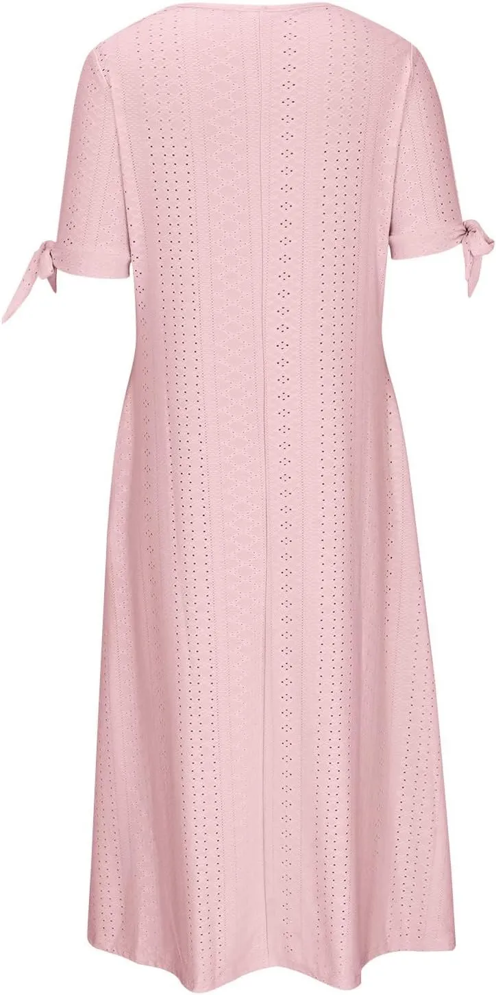 Women Hollow Eyelet Beach Dress Summer Tie Knot Short Sleeve Midi A-Line Dresses Casual Button V Neck T Shirt Dress