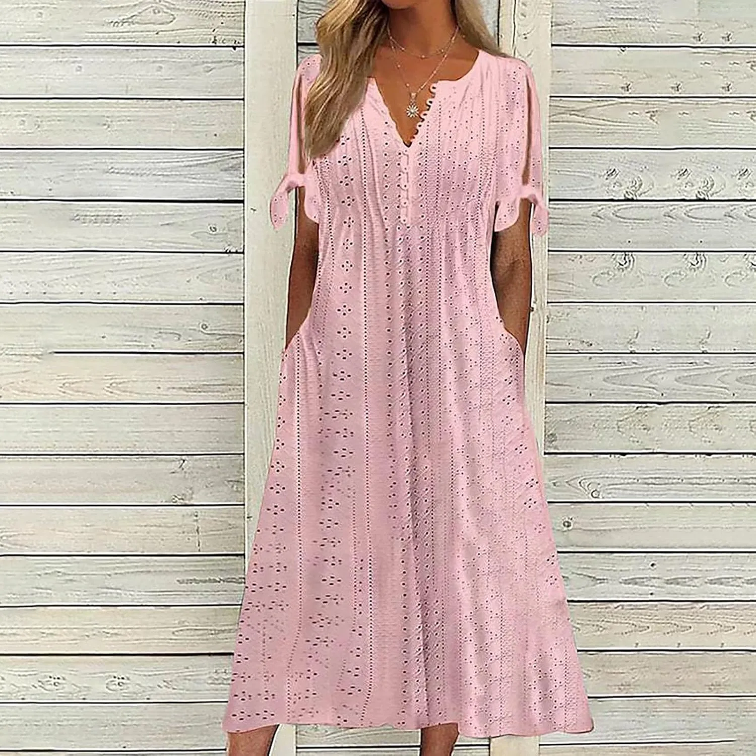 Women Hollow Eyelet Beach Dress Summer Tie Knot Short Sleeve Midi A-Line Dresses Casual Button V Neck T Shirt Dress