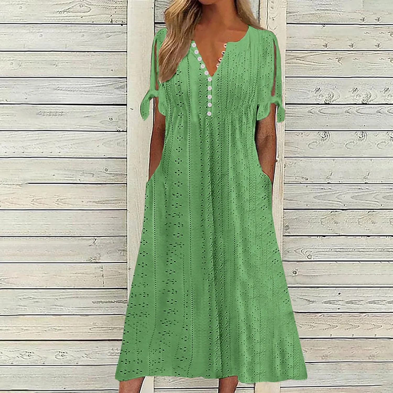 Women Hollow Eyelet Midi Dress Summer Fashion Tie Knot Short Sleeve Shirt Dresses Casual Button V Neck A-Line Dress