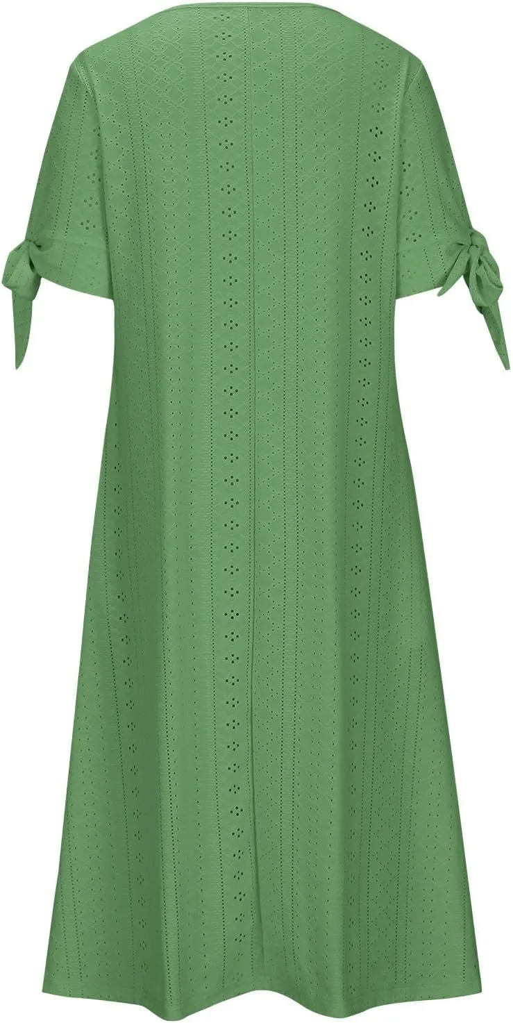 Women Hollow Eyelet Midi Dress Summer Fashion Tie Knot Short Sleeve Shirt Dresses Casual Button V Neck A-Line Dress