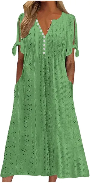 Women Hollow Eyelet Midi Dress Summer Fashion Tie Knot Short Sleeve Shirt Dresses Casual Button V Neck A-Line Dress
