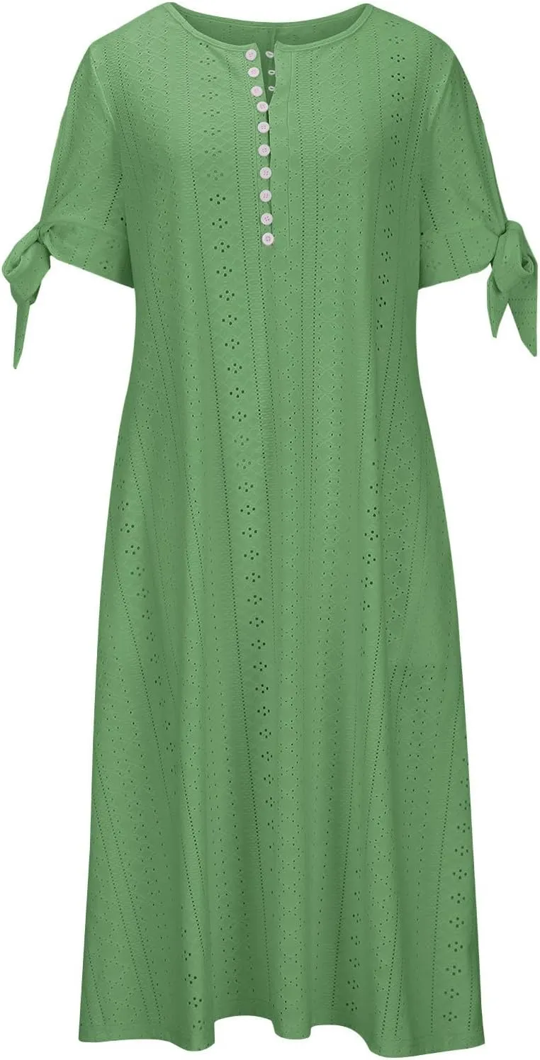 Women Hollow Eyelet Midi Dress Summer Fashion Tie Knot Short Sleeve Shirt Dresses Casual Button V Neck A-Line Dress