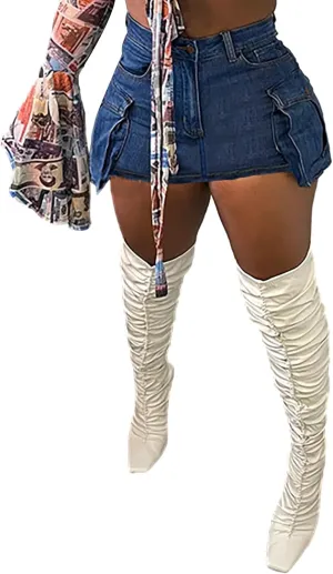 Women Jean Cargo Skirt Skort Y2k Pleated Mini Skirt High Waisted Bodycon Sexy Denim Shorts