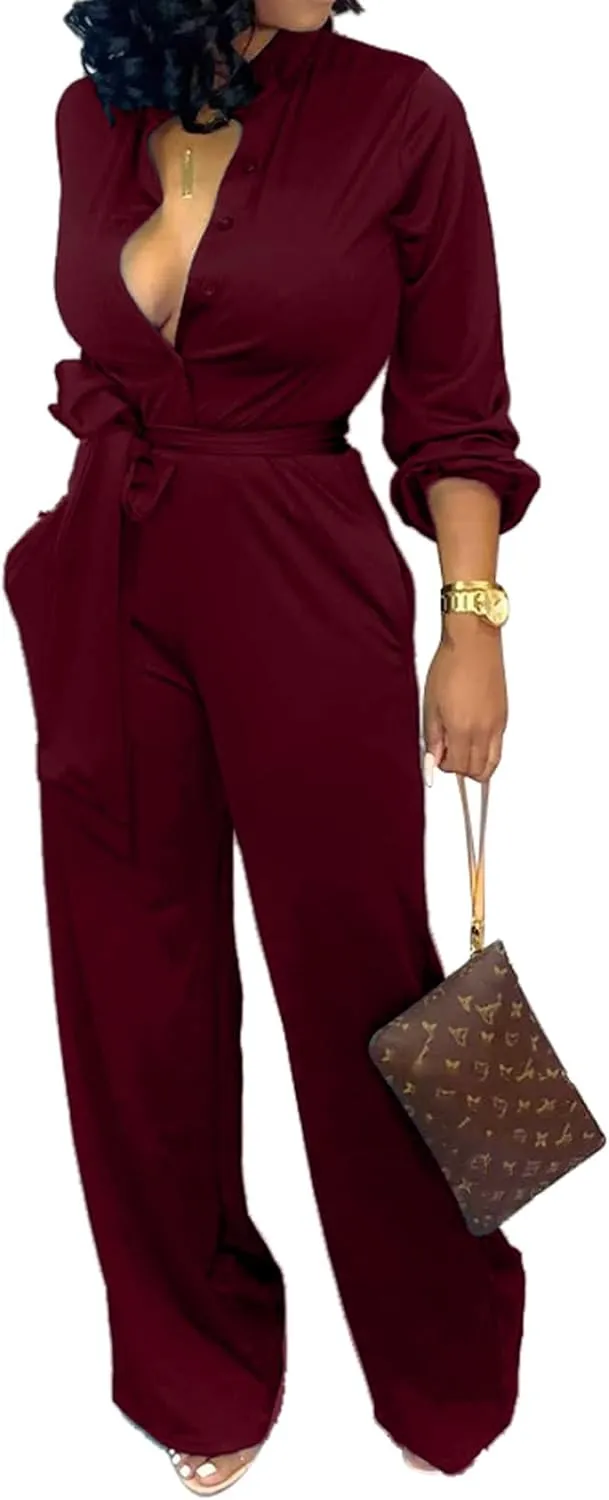 Women Jumpsuits For Elegant Sexy V Neck Long Sleeve Casual for Work Wide Leg Pants with Pockets Belt
